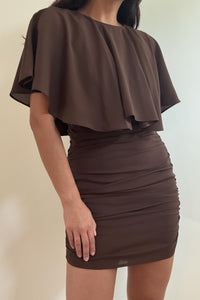 Chiffon Cape Neck Ruched Mini Dress