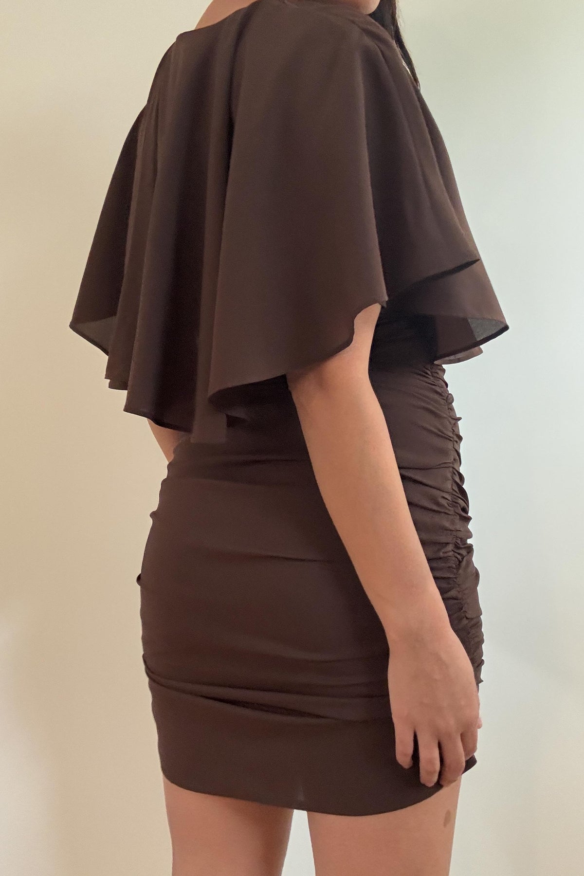 Chiffon Cape Neck Ruched Mini Dress