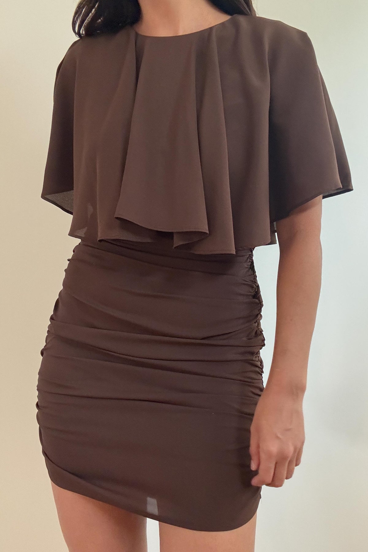 Chiffon Cape Neck Ruched Mini Dress