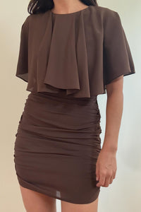 Chiffon Cape Neck Ruched Mini Dress