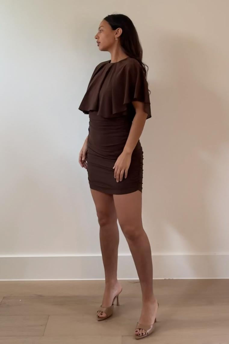 Chiffon Cape Neck Ruched Mini Dress