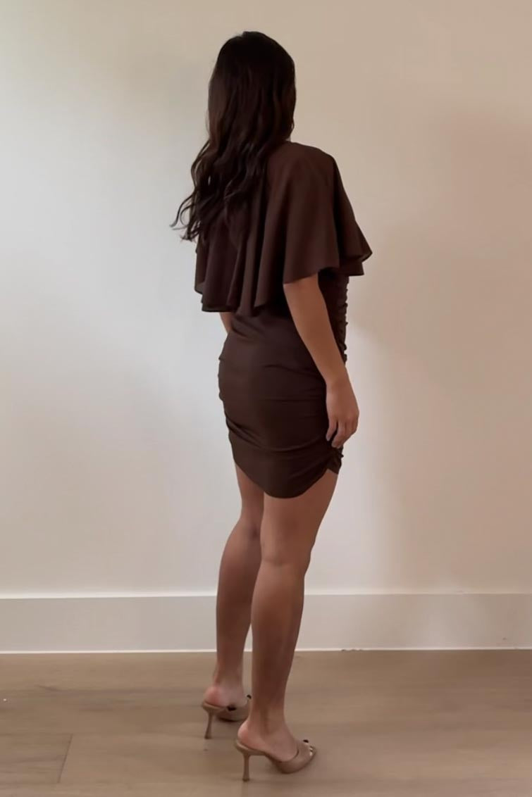 Chiffon Cape Neck Ruched Mini Dress