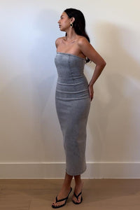 Washed Denim Strapless Bodycon Midi Dress