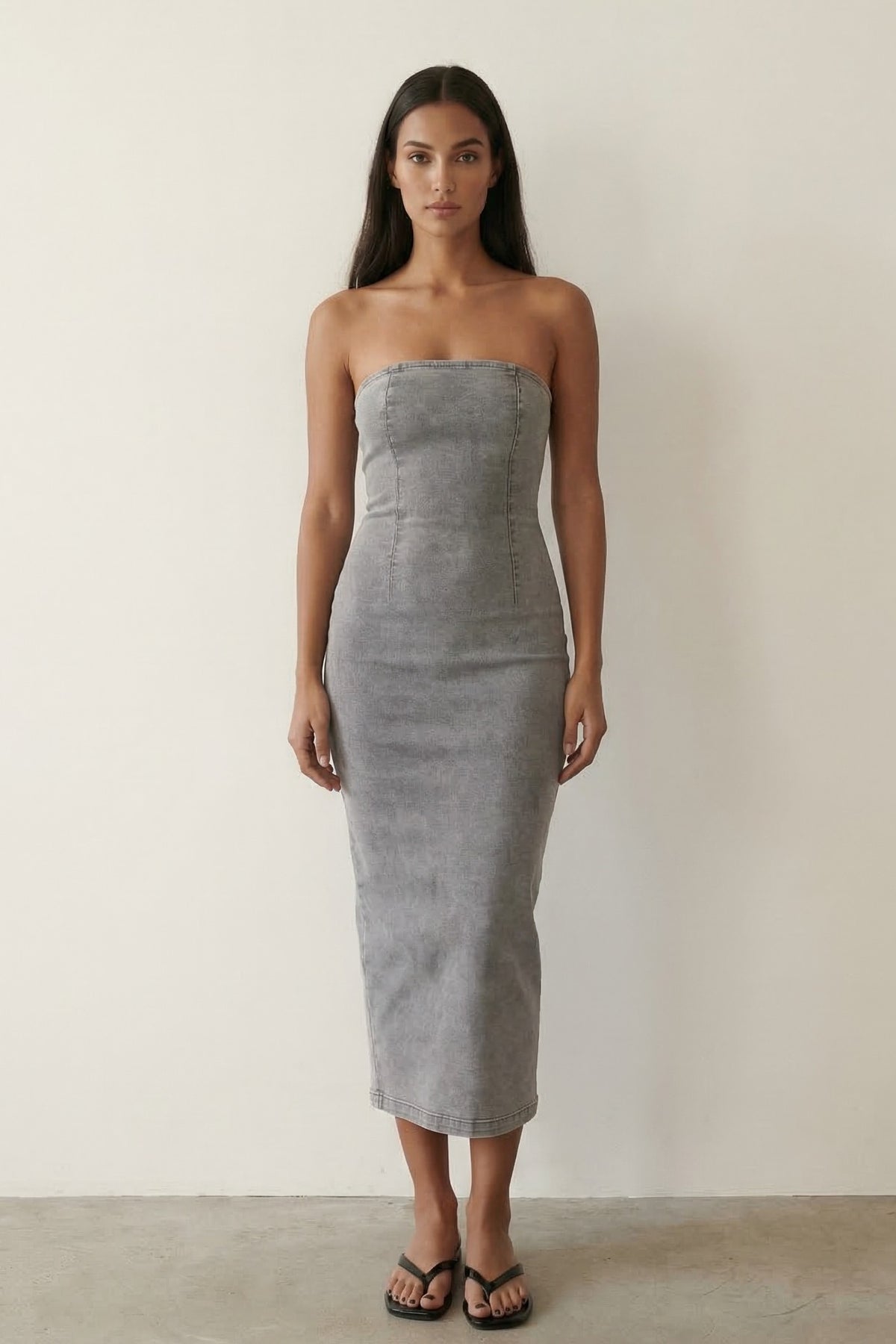 Washed Denim Strapless Bodycon Midi Dress