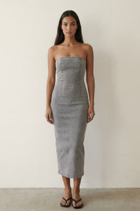 Washed Denim Strapless Bodycon Midi Dress