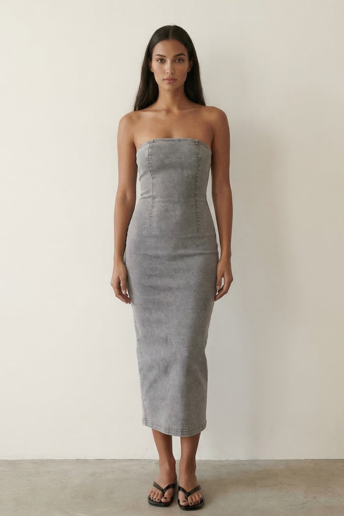 Washed Denim Strapless Bodycon Midi Dress