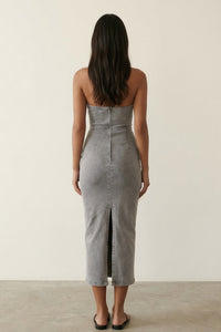 Washed Denim Strapless Bodycon Midi Dress