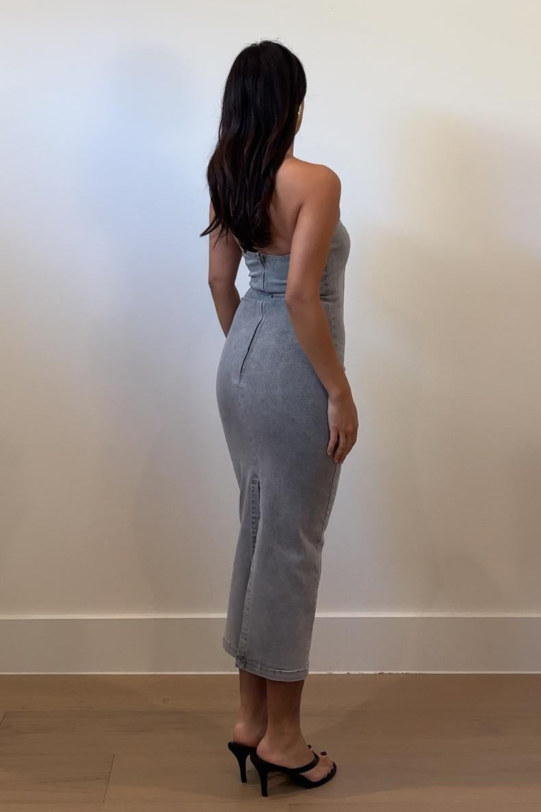 Washed Denim Strapless Bodycon Midi Dress