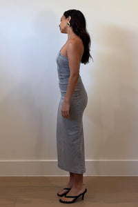 Washed Denim Strapless Bodycon Midi Dress