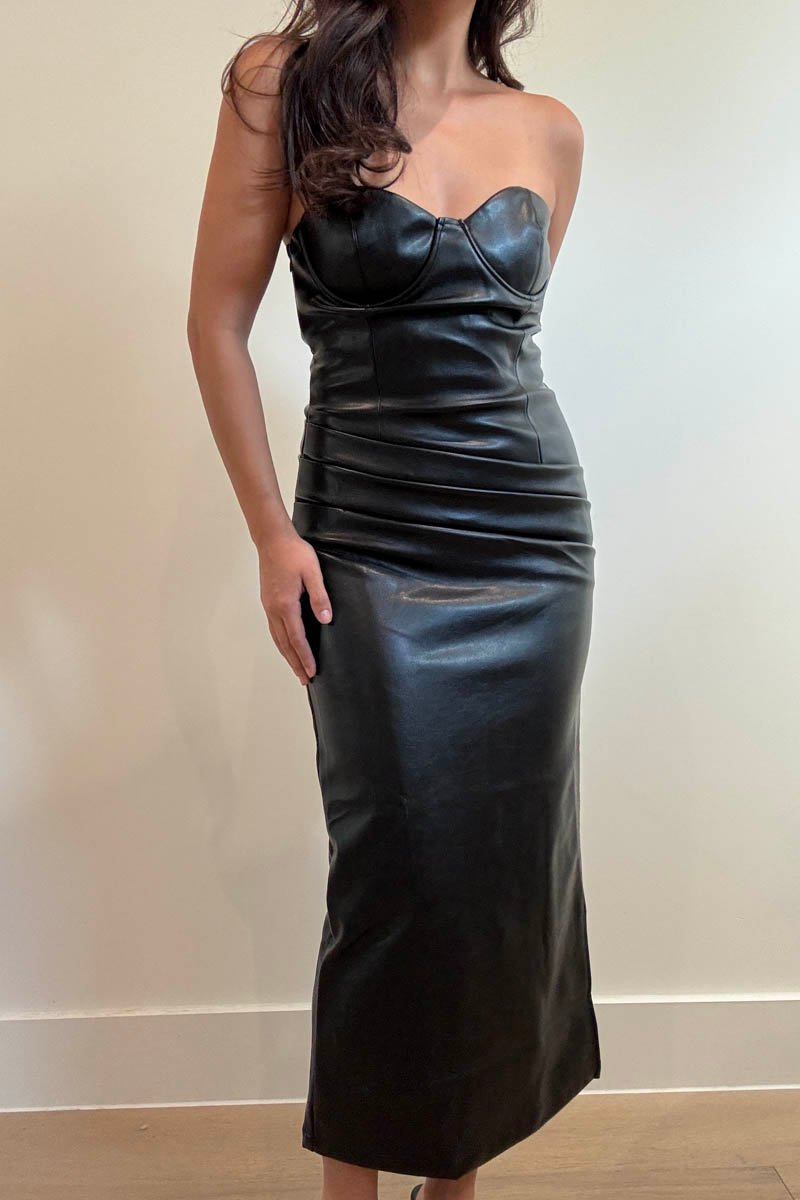 Faux Leather Strapless Lace-Up Maxi Dress