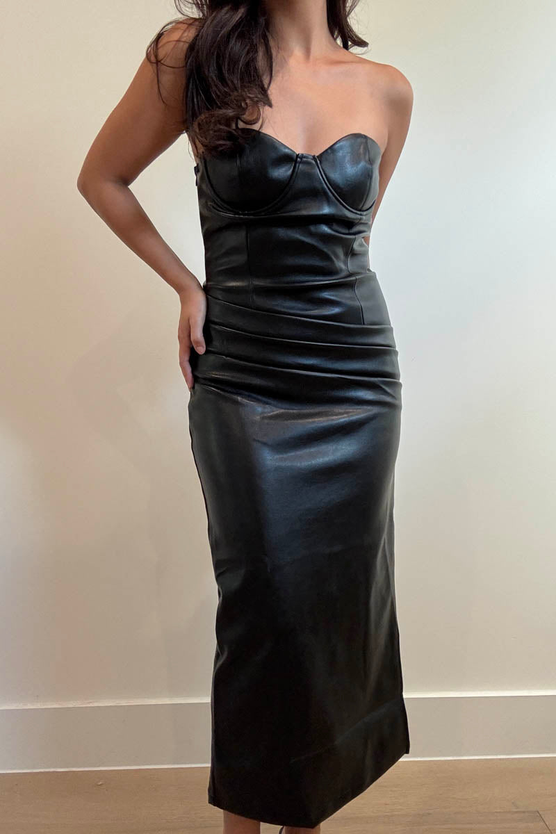 Faux Leather Strapless Lace-Up Maxi Dress