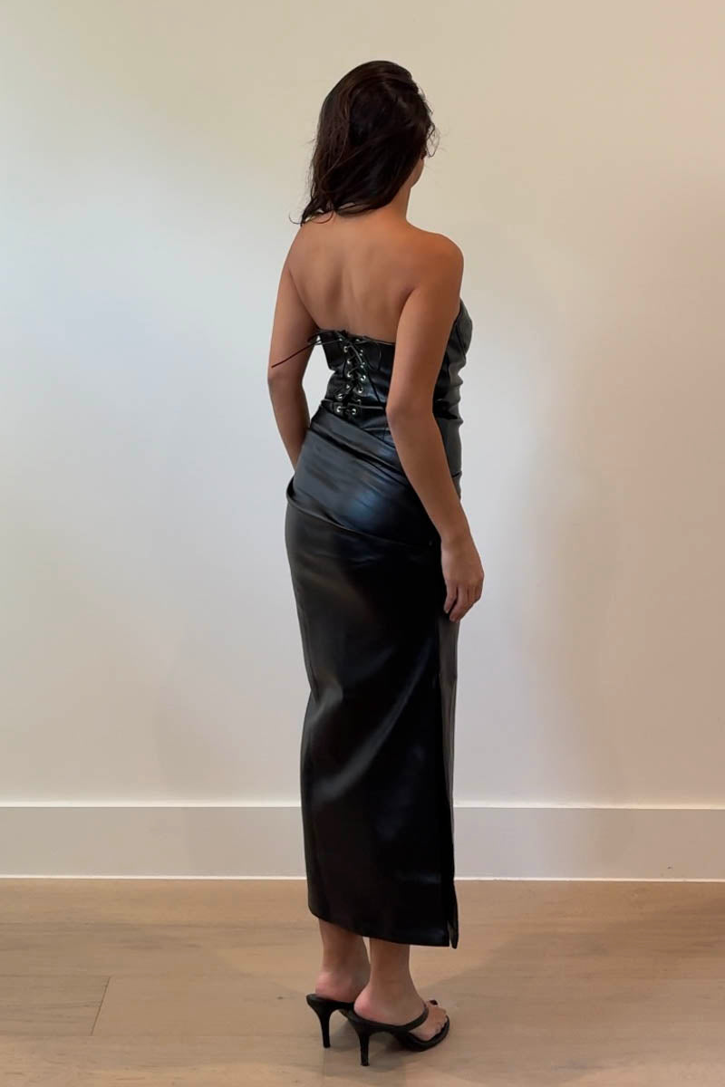 Faux Leather Strapless Lace-Up Maxi Dress