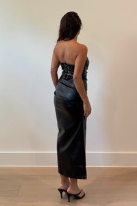 Faux Leather Strapless Lace-Up Maxi Dress