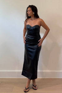 Faux Leather Strapless Lace-Up Maxi Dress