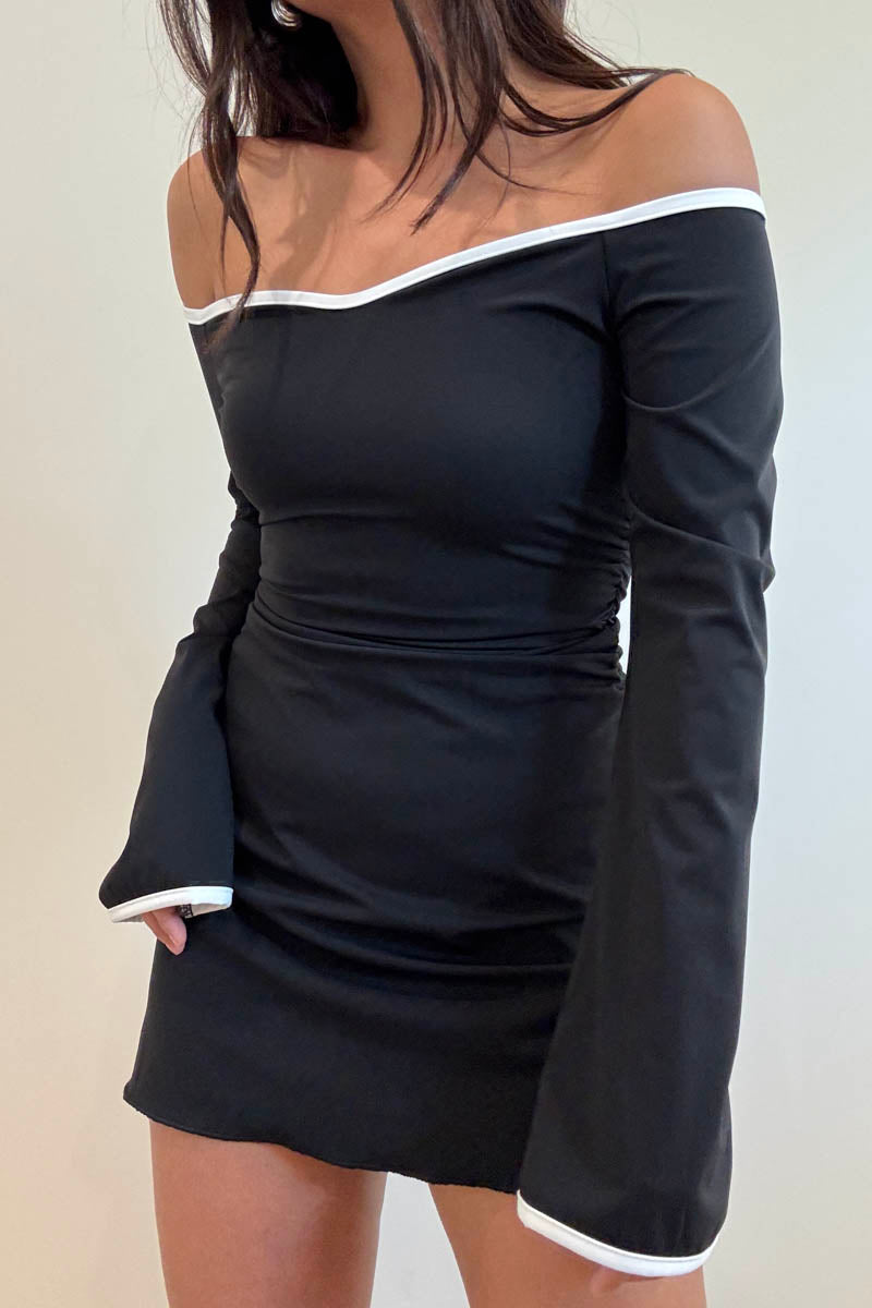 Contrast Off Shoulder A-Line Mini Dress