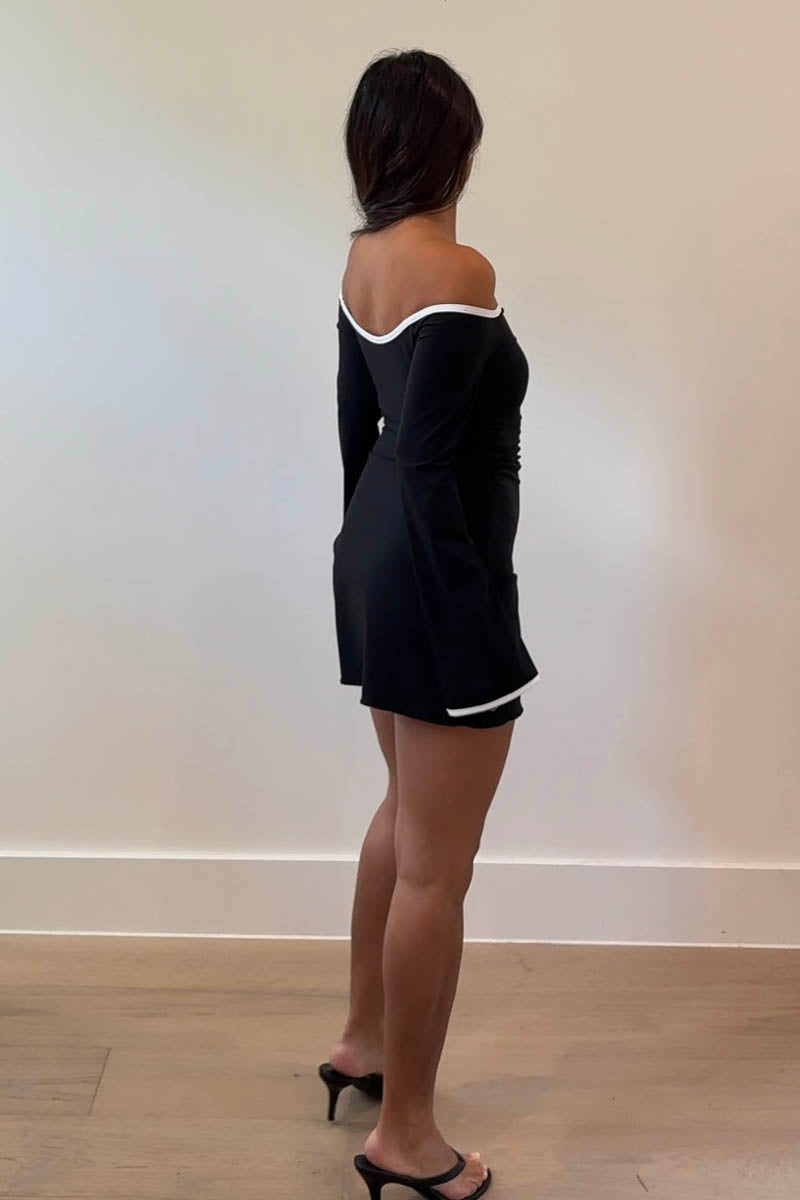 Contrast Off Shoulder A-Line Mini Dress