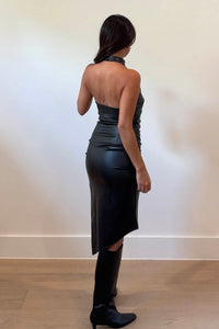 Faux Leather High Neck Sleeveless Midi Dress