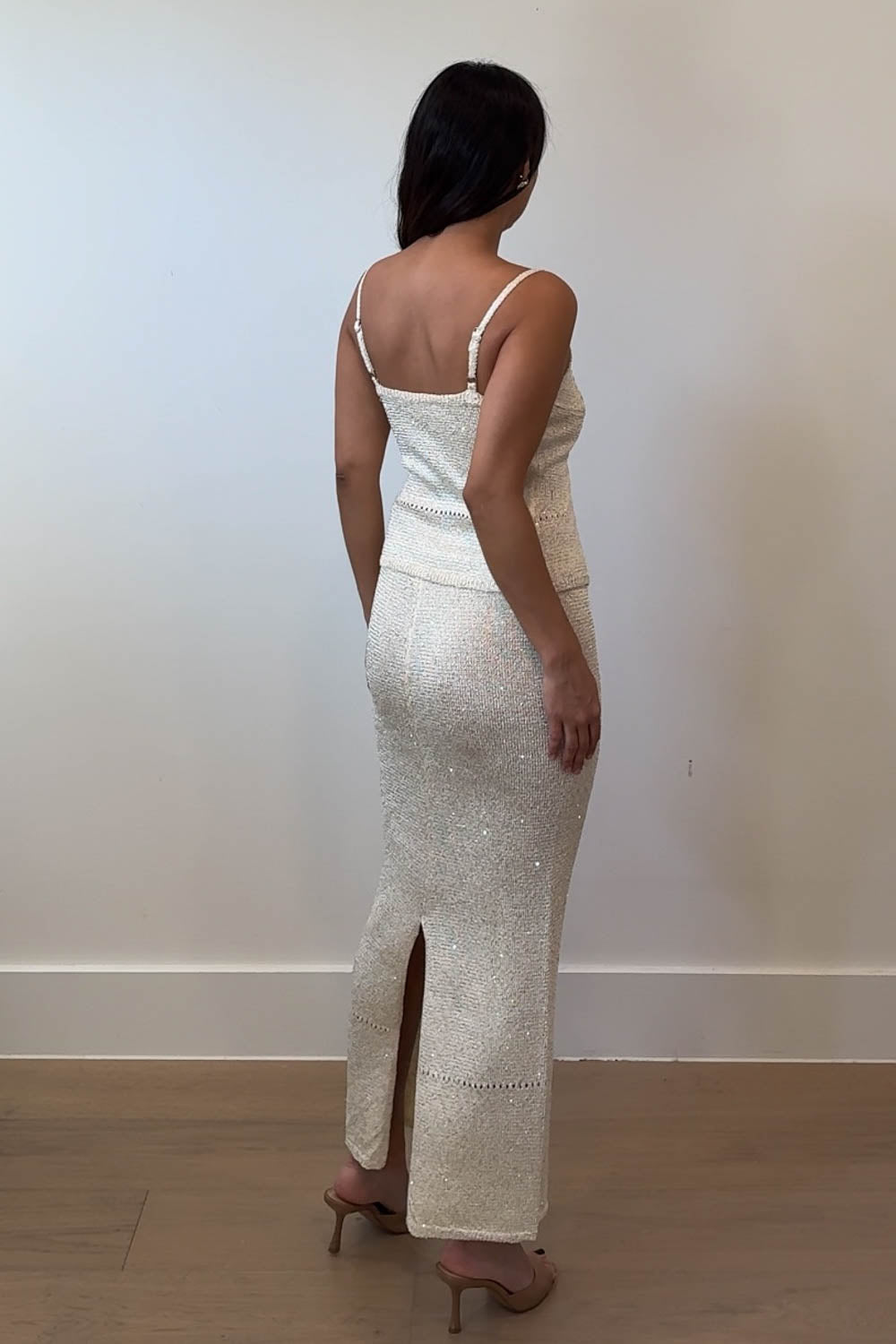 Sequin Knit Tie-Front Tank And Maxi Skirt Set