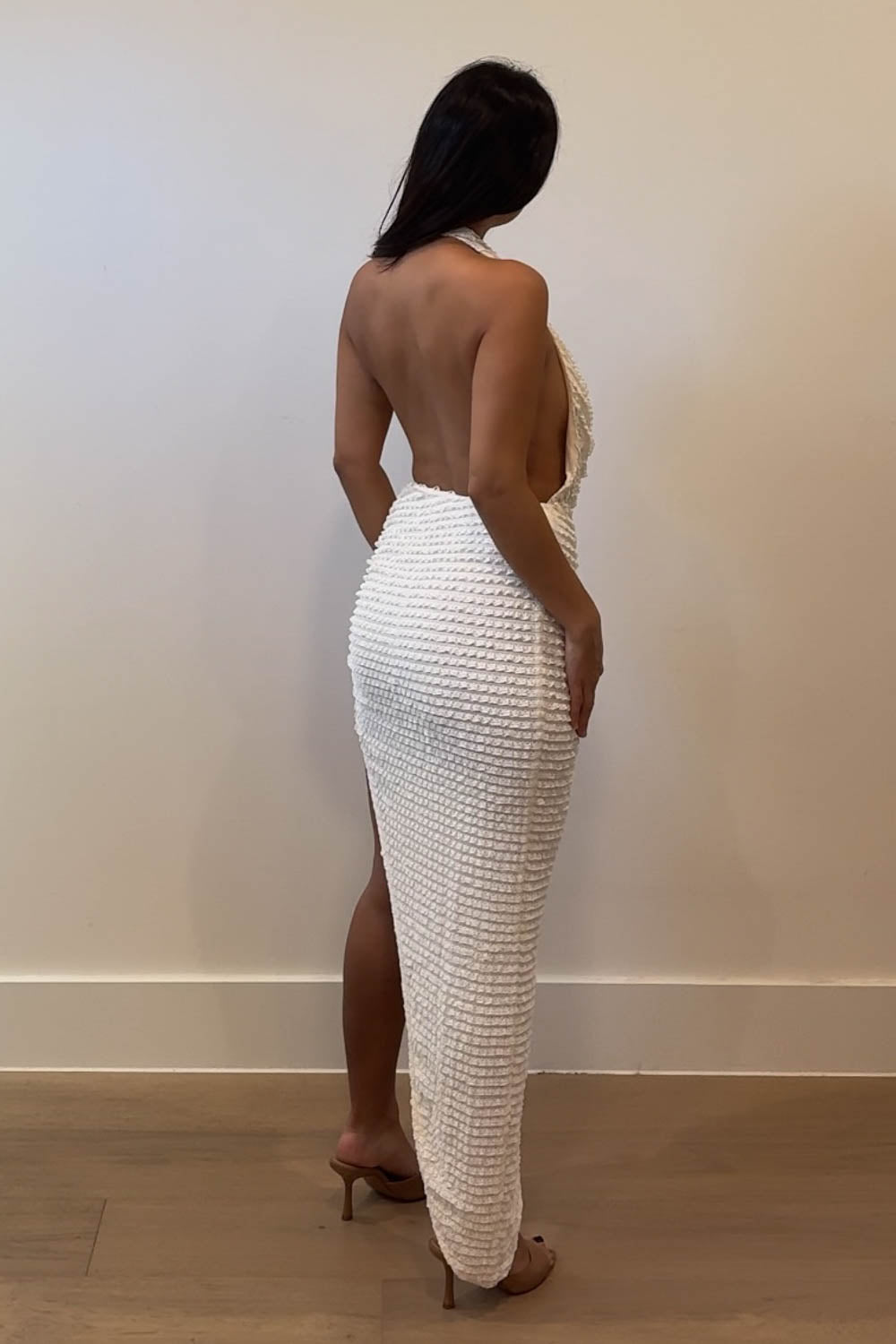 Textured Plunge Cowl Halter Maxi Dress