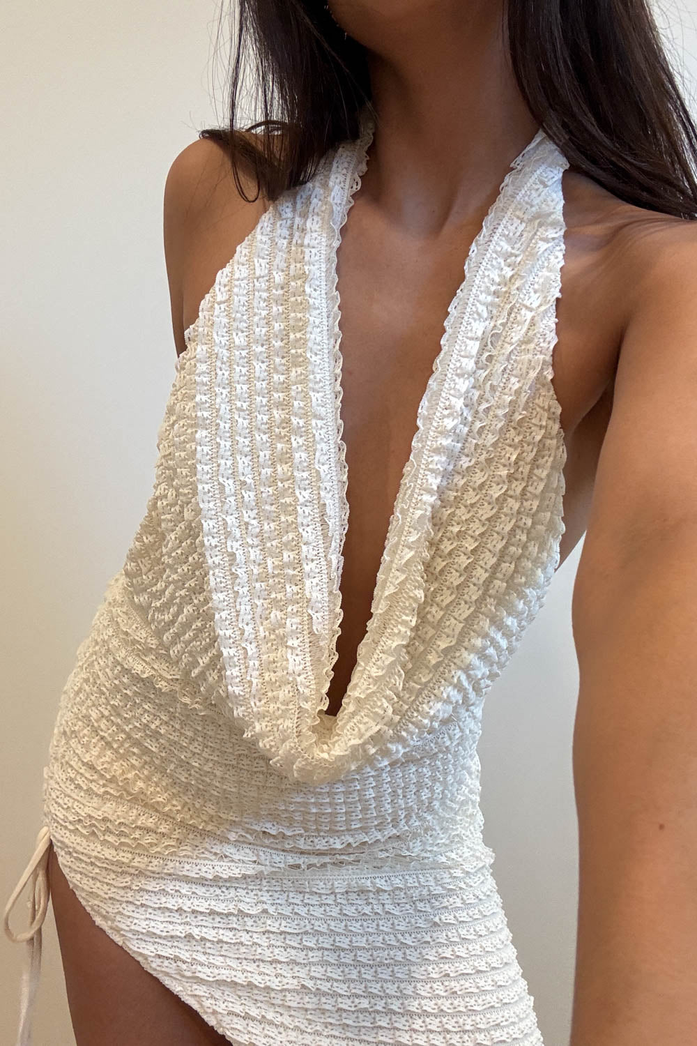 Textured Plunge Cowl Halter Maxi Dress