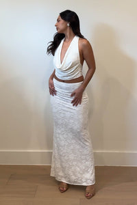 White Burnout Floral Cowl Neck Halter Top and Maxi Skirt Set