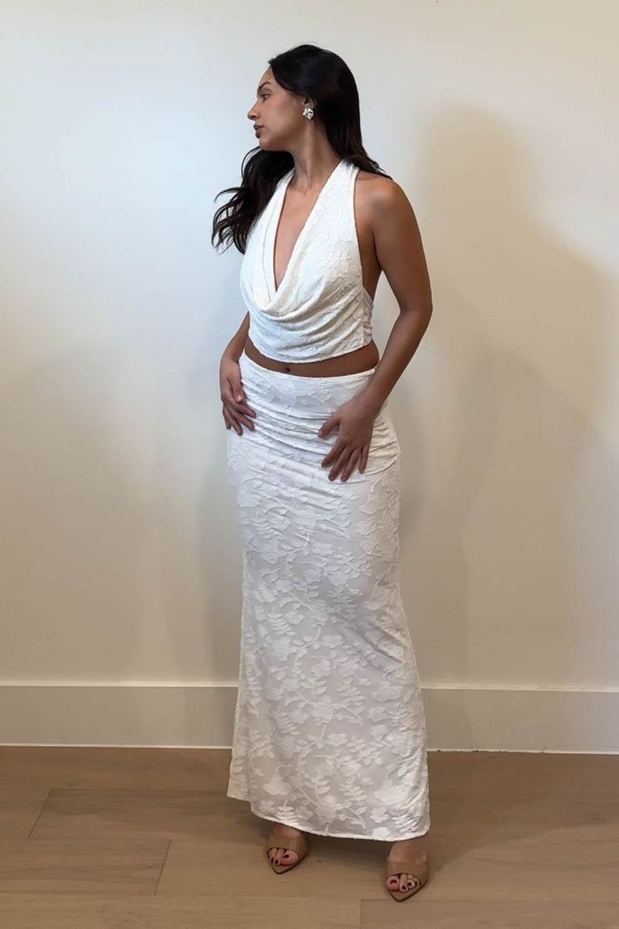 White Burnout Floral Cowl Neck Halter Top and Maxi Skirt Set