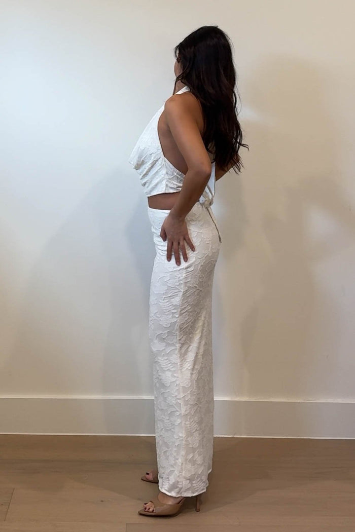 White Burnout Floral Cowl Neck Halter Top and Maxi Skirt Set