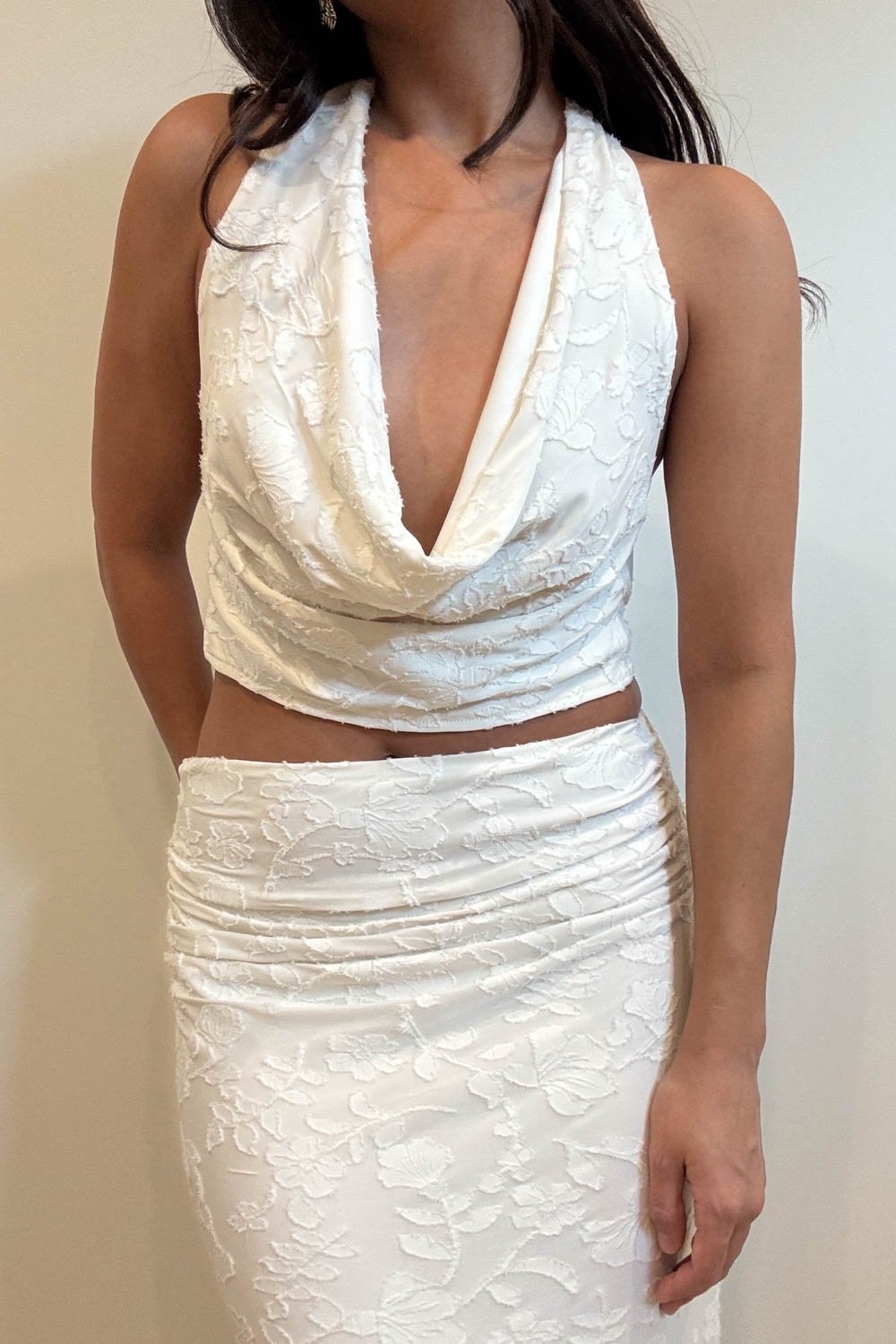 White Burnout Floral Cowl Neck Halter Top and Maxi Skirt Set
