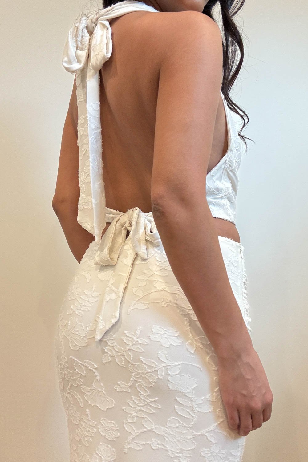 White Burnout Floral Cowl Neck Halter Top and Maxi Skirt Set