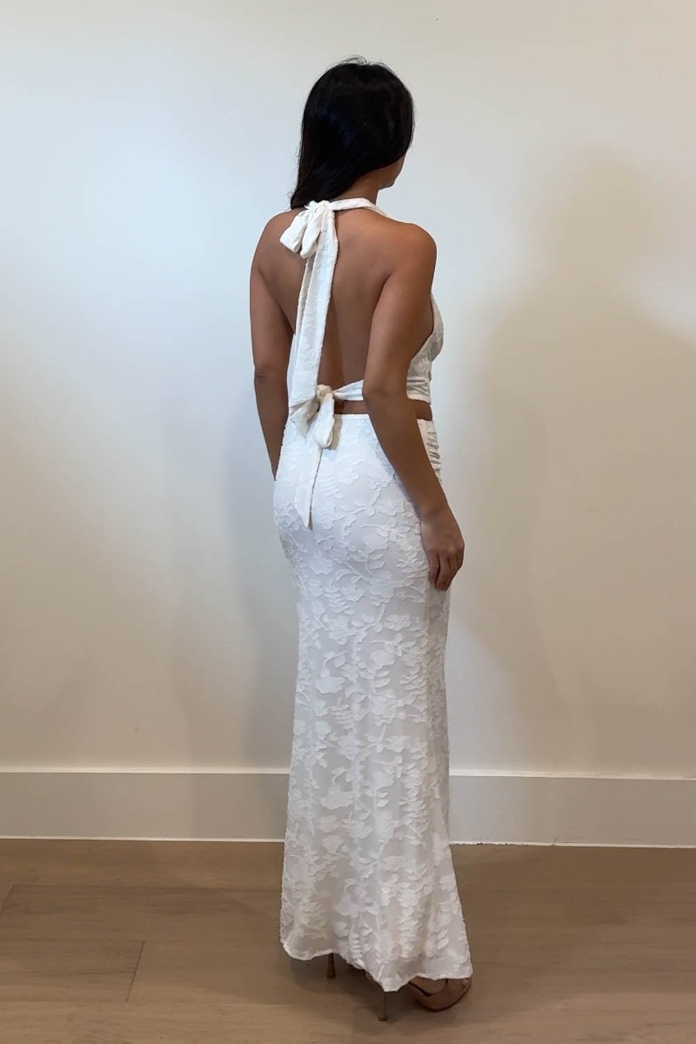 White Burnout Floral Cowl Neck Halter Top and Maxi Skirt Set
