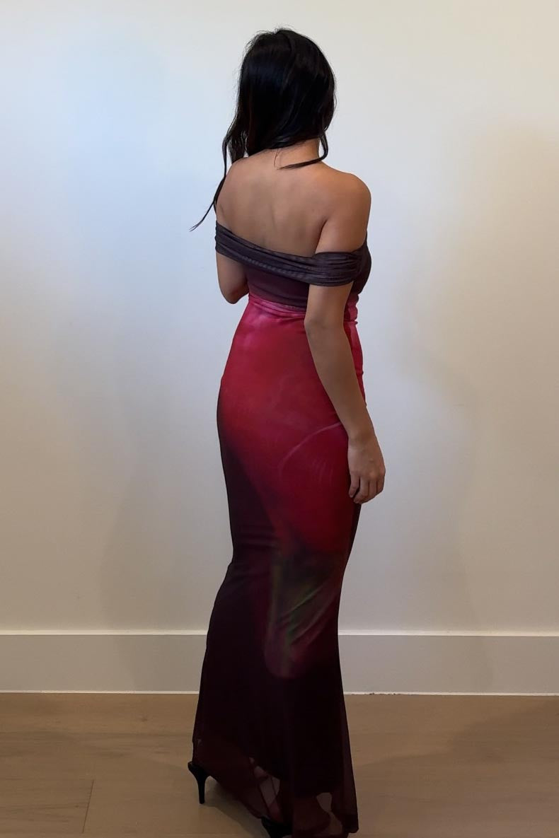 Floral Off Shoulder Mesh Maxi Dress