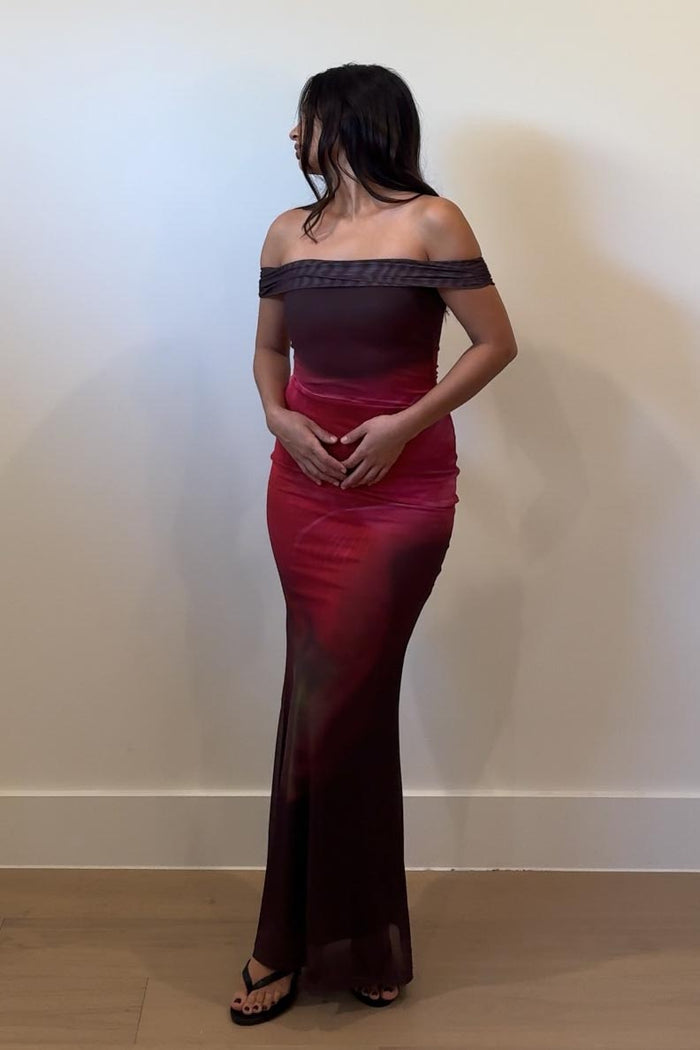 Floral Off Shoulder Mesh Maxi Dress