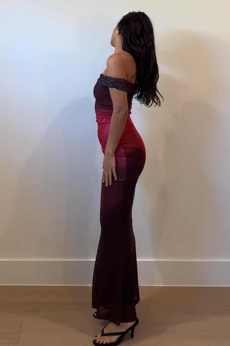Floral Off Shoulder Mesh Maxi Dress