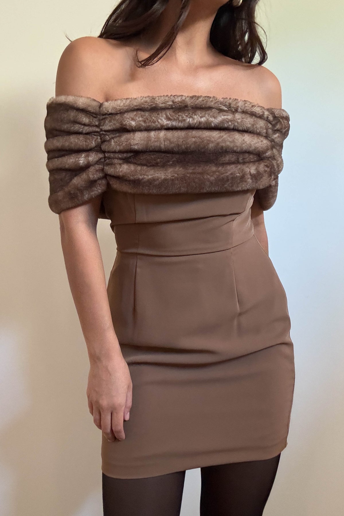 Off Shoulder Faux Fur Trim Mini Dress