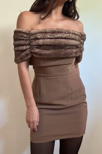 Off Shoulder Faux Fur Trim Mini Dress