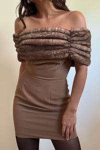 Off Shoulder Faux Fur Trim Mini Dress