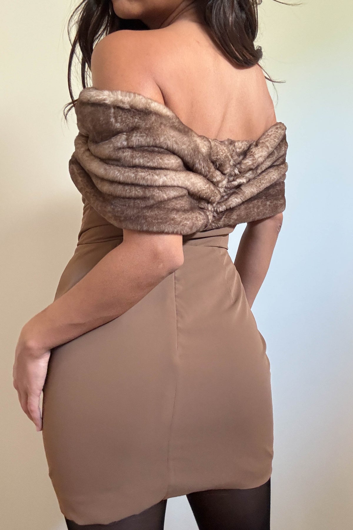 Off Shoulder Faux Fur Trim Mini Dress