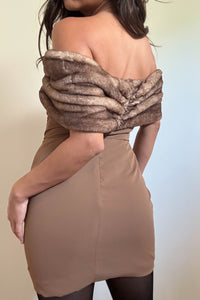 Off Shoulder Faux Fur Trim Mini Dress