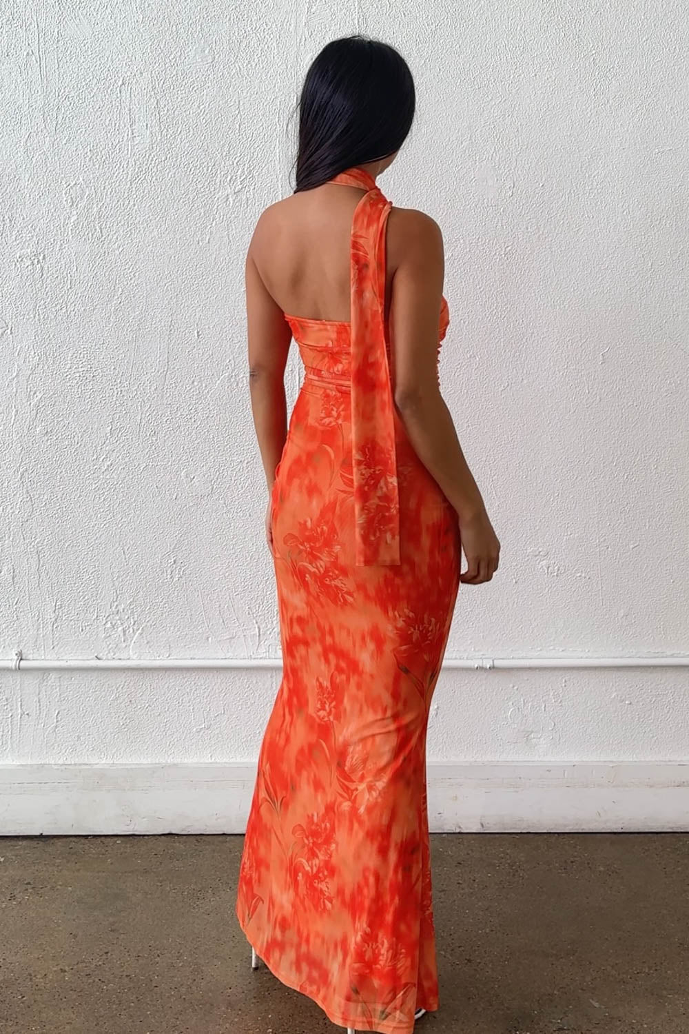 Orange Mesh Strapless Scarf Tie Maxi Dress
