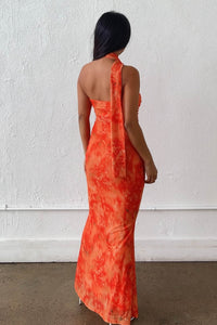 Orange Mesh Strapless Scarf Tie Maxi Dress