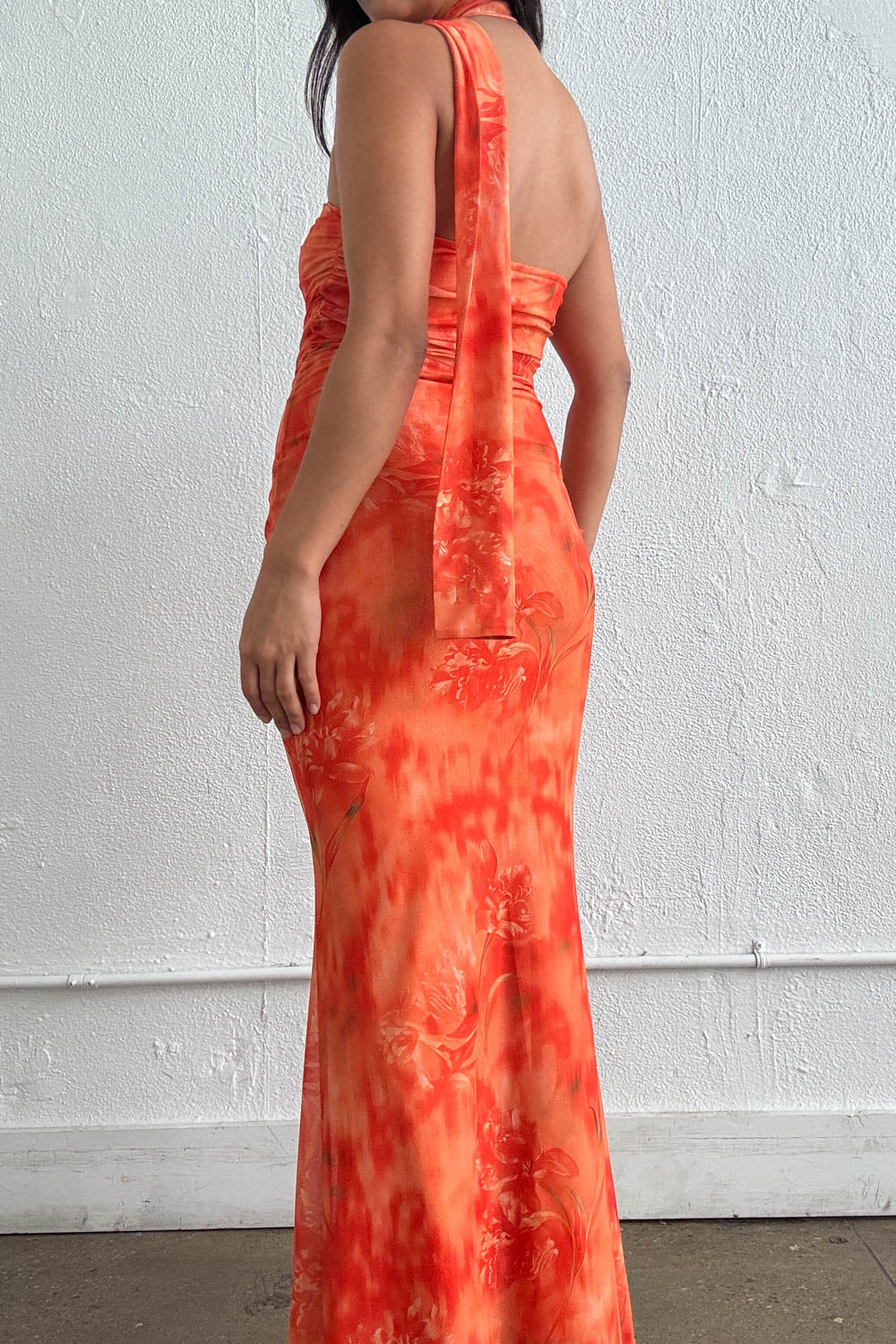 Orange Mesh Strapless Scarf Tie Maxi Dress