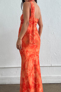 Orange Mesh Strapless Scarf Tie Maxi Dress