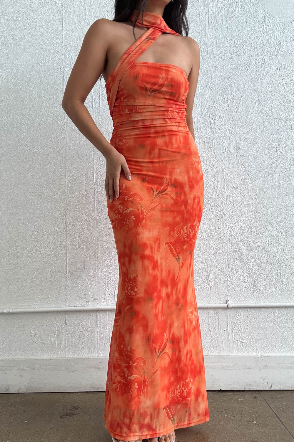 Orange Mesh Strapless Scarf Tie Maxi Dress