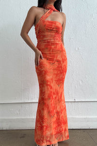 Orange Mesh Strapless Scarf Tie Maxi Dress