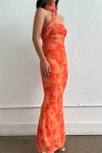 Orange Mesh Strapless Scarf Tie Maxi Dress
