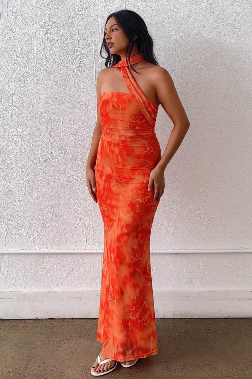 Orange Mesh Strapless Scarf Tie Maxi Dress