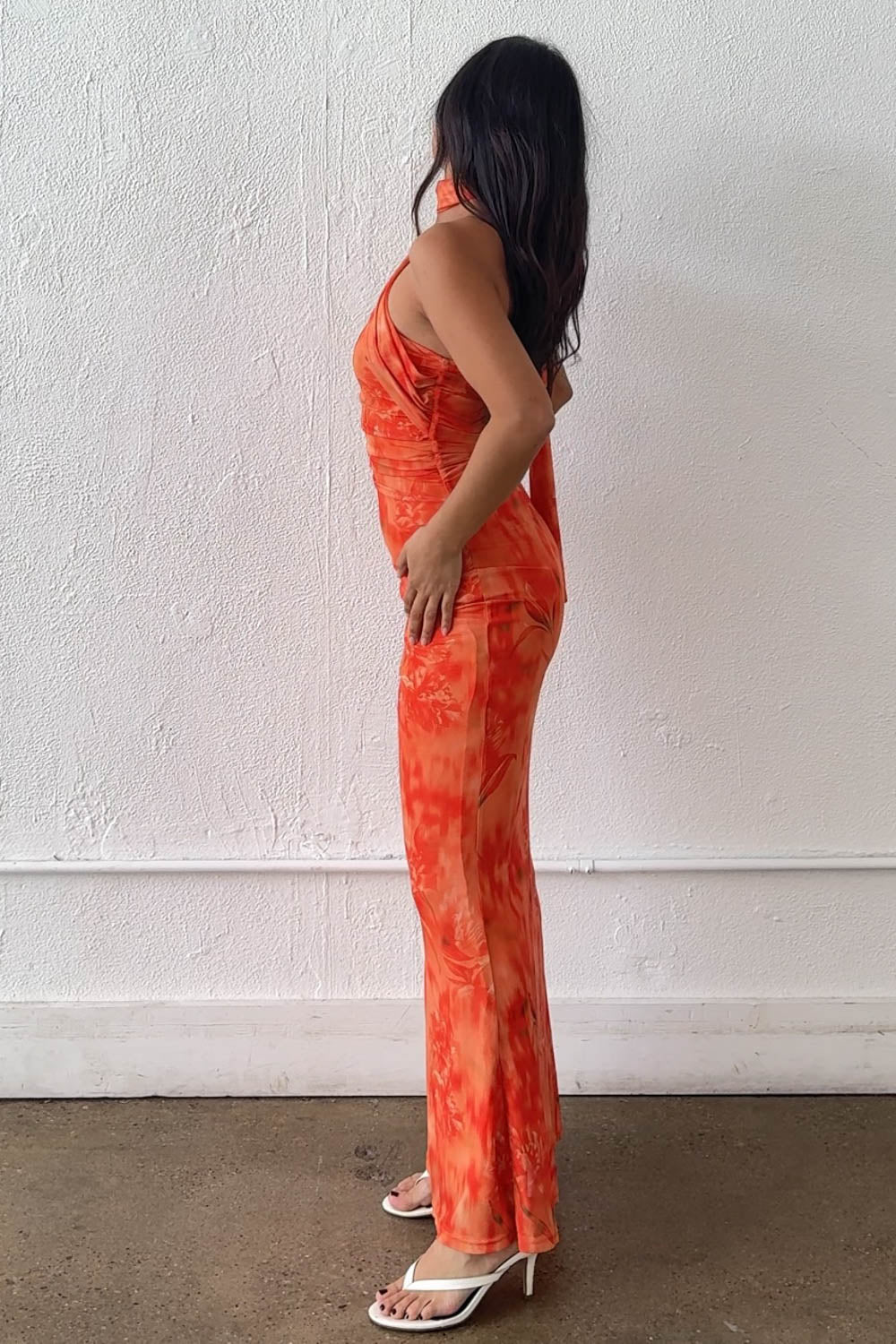 Orange Mesh Strapless Scarf Tie Maxi Dress