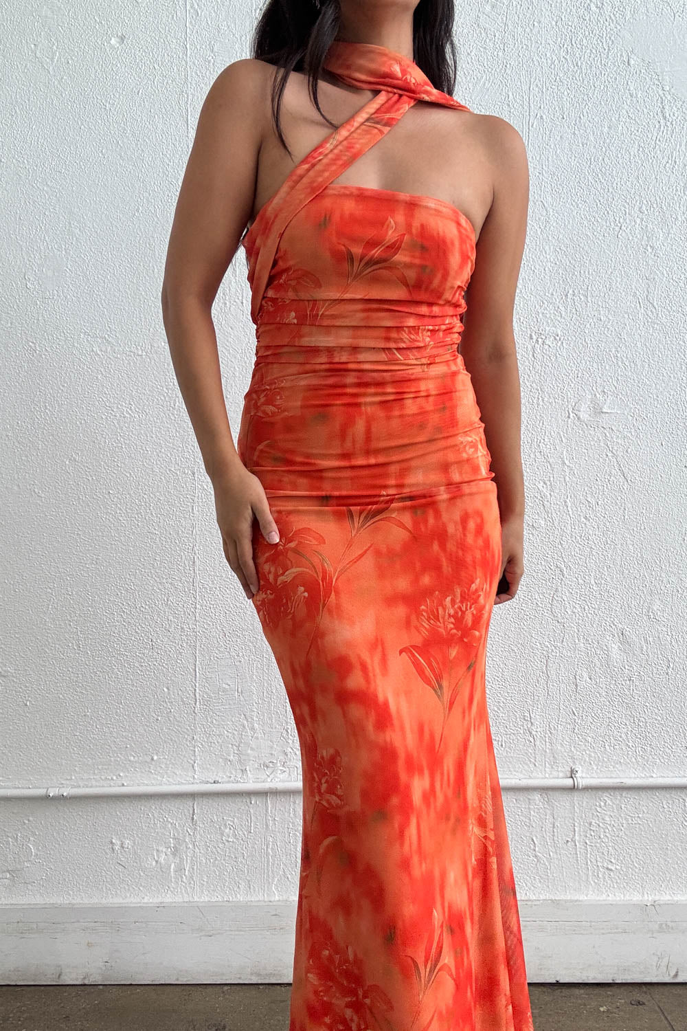 Orange Mesh Strapless Scarf Tie Maxi Dress