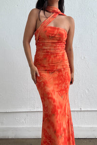 Orange Mesh Strapless Scarf Tie Maxi Dress
