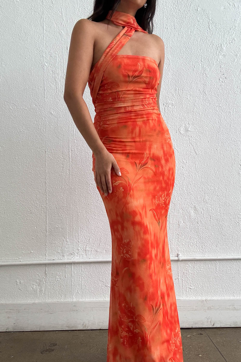 Orange Mesh Strapless Scarf Tie Maxi Dress